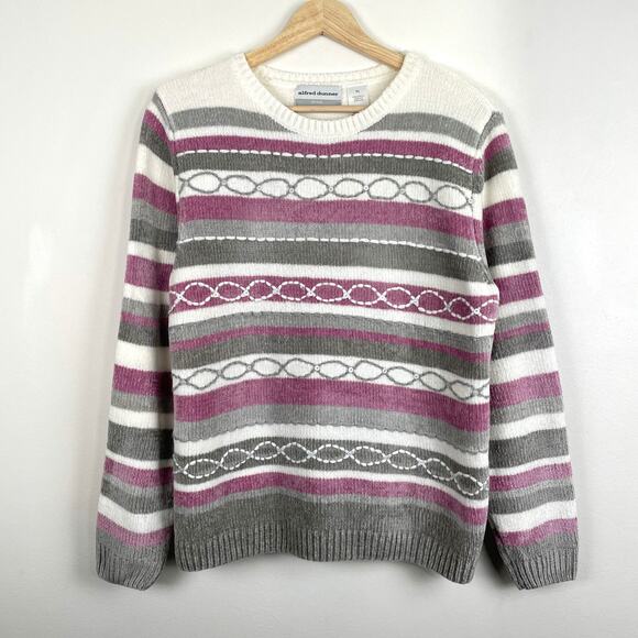 VTG Alfred Dunner Sweater LP Purple White Striped Chenille Pullover Grandma - Picture 1 of 15